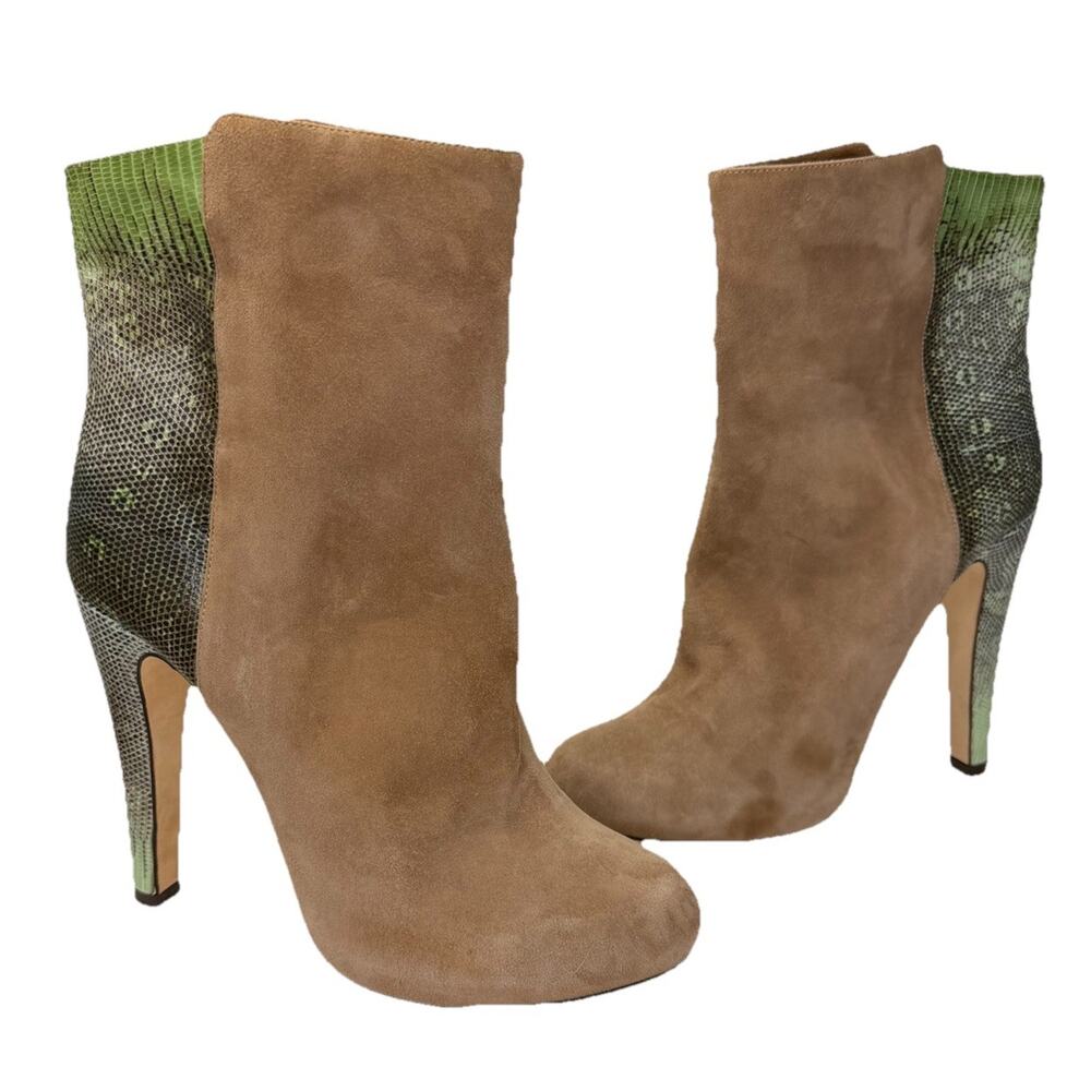 Malone Souliers Snakeskin Beige Green Colorblock Suede Booties Size 40 Italy 5”
